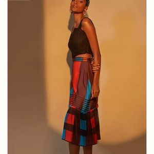 Anthropologie Eva Franco Flounced Midi Skirt blue orange brown size 6 Small